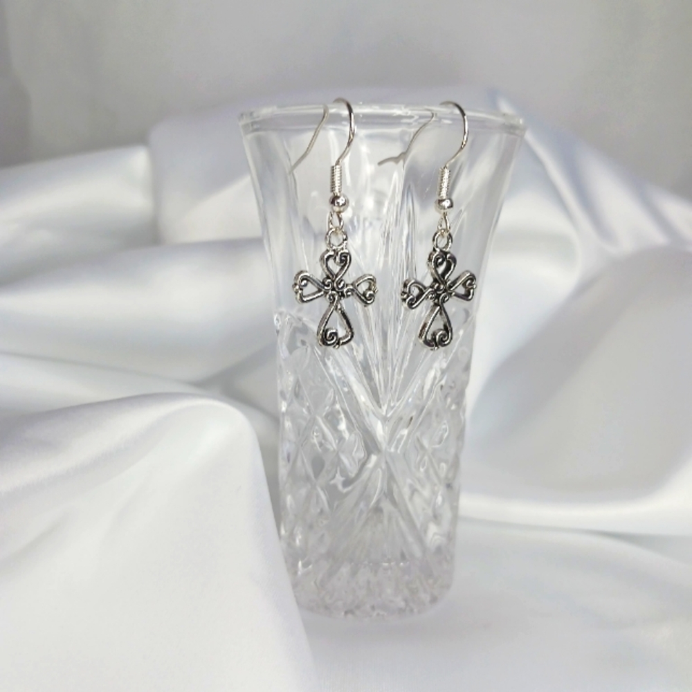 Silver Heart Cross Earrings.